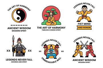 set of illustrations in the concept of Chinese warriors in a line style