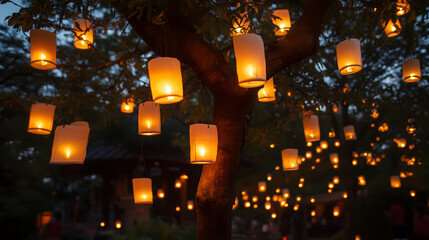Magical evening scene with glowing lanterns hanging from tree, creating warm ambiance in garden. soft light enhances tranquil atmosphere