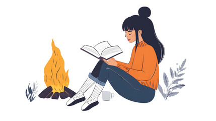 A woman reading by the campfire
