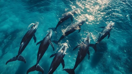 Obraz premium A pod of humpback whales gracefully swimming through the ocean's azure depths