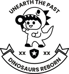 A cartoon of a boy in a dinosaur costume holding a magnifying glass in the style of sign illustrations