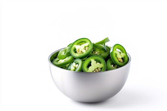 Fresh Green Jalapeno Pepper Slices in a Silver Bowl on a White Background for Food Prep