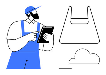 Delivery worker in blue overall and cap holding a tablet. Includes a shopping bag and cloud icon. Ideal for delivery services, digital transactions, logistics, e-commerce, cloud storage, mobile apps