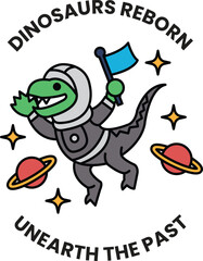 A cartoon dinosaur is wearing a space suit and holding a flag in the style of sign illustrations