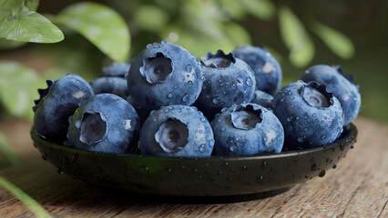 Fresh blueberries with drops of water on a dark plate standing on a wooden surface, surrounded by blurred green leaves, creating an atmosphere of naturalness and freshness