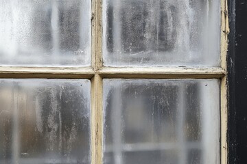 Old window with frosted glass and chipped paint visible