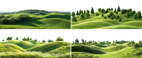Set of rolling green hills in various landscapes, isolated on transparent cutout background