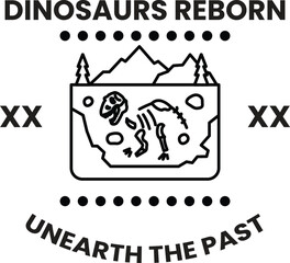 A dinosaur is shown in a hole in the ground in the style of sign illustrations