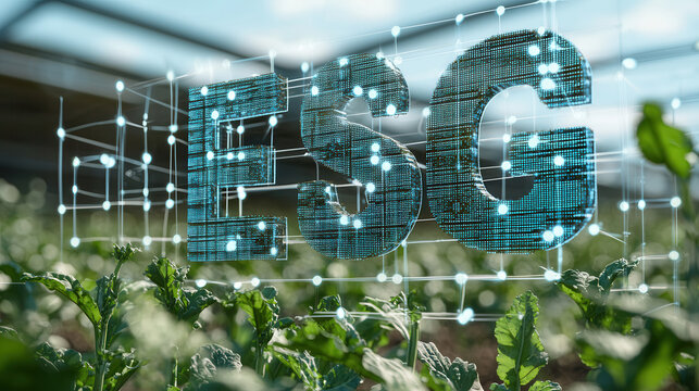 ESG concept displayed in farmer field with crops in foreground, symbolizing sustainable agriculture and environmental responsibility