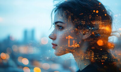 Double exposure, A woman overlaid with cityscape and data, symbolizing the intersection of urban life and digital information, Generative AI