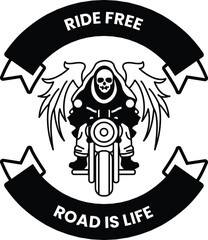 A man on a motorcycle with a skull on his head and wings on his back in the style of sign illustrations