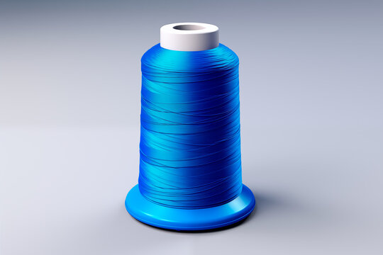 Realistic 3D illustration of blue sewing thread on a isolated background, textile material. Image created with AI