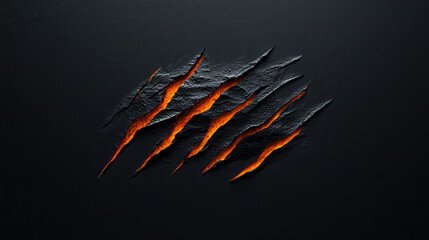 Fierce claw marks on dark surface, glowing with fiery orange light, create dramatic and intense visual effect, perfect for Halloween or horror themes