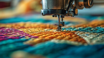 A close-up view of a quilting machine in action, stitching together colorful quilt blocks to create a beautiful pattern. The fabric is moving under the machine, showing a seamless flow of stitches