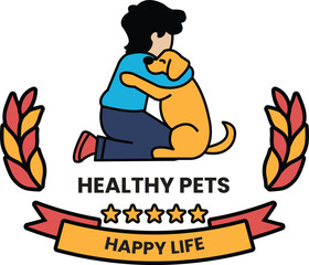 A boy is hugging a dog in the style of sign illustrations