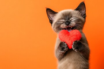 Marketing drawing. Burmese - my treasured cat. Cute burmese young cat with fluffy red heart - sign of love, funny greeting card. Cat for valentine. Love and romance valentine pet. Cute pet.