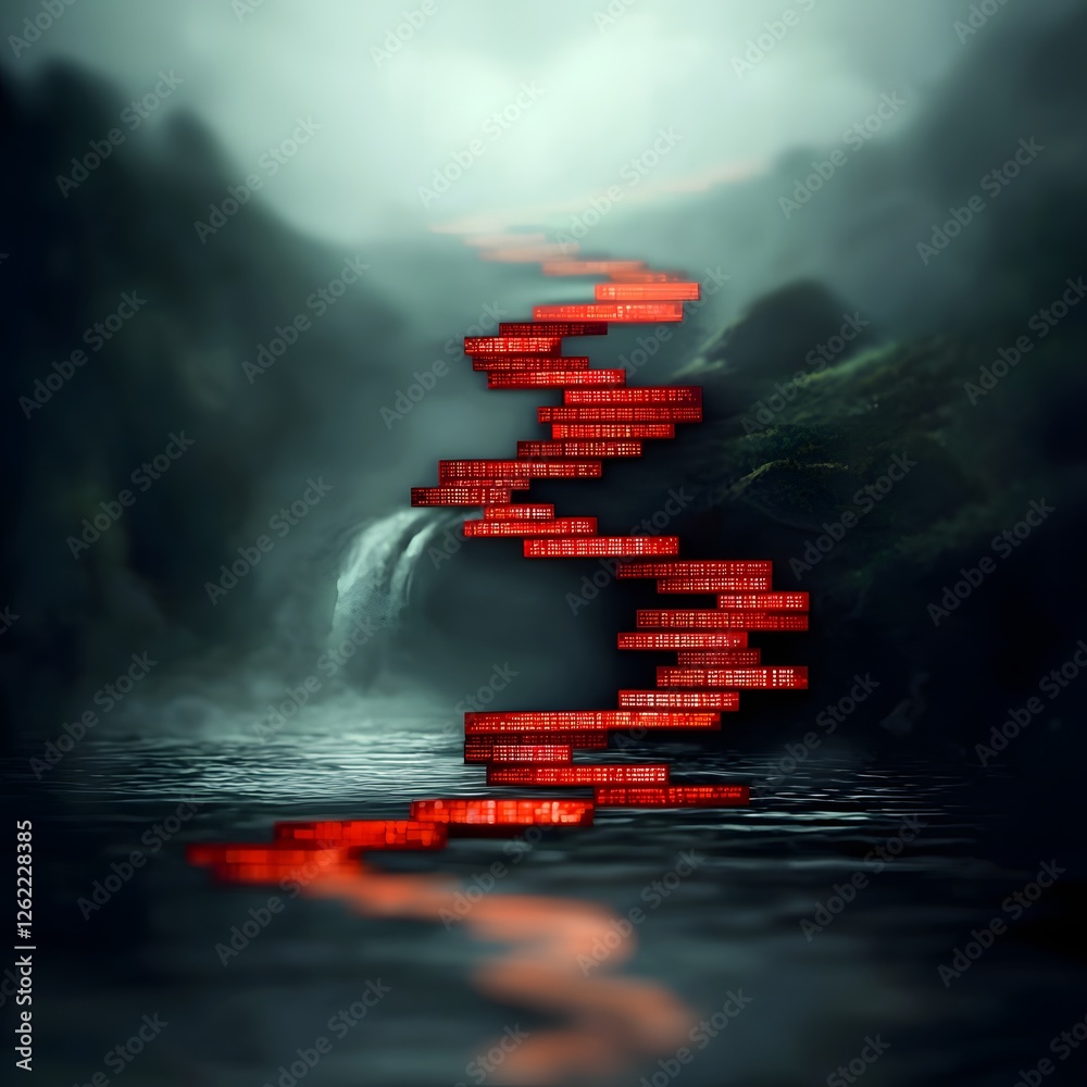 Poster luminescent computational cascade a surreal waterfall flowing through a digitally infused neon lit l