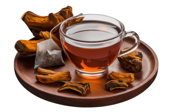 Glass cup of chaga mushroom tea with dried chaga pieces and tea bag on wooden tray isolated on transparent background. Herbal medicine and natural remedy concept.