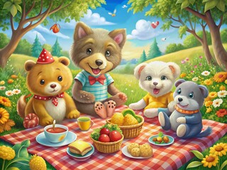 Adorable Patchwork Animal Friends Enjoying a Yummy Picnic - Childrens Book Illustration Style Food Photography