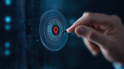 Biometric security, hand activating fingerprint scanner on futuristic digital interface