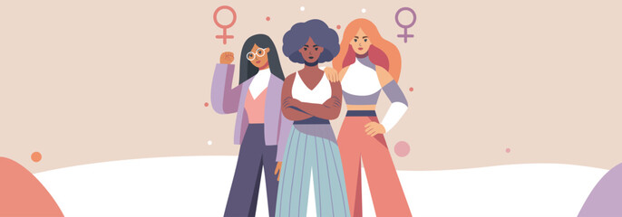 Feminist women of different skin colors stand together in protest. Equality day, women's day. Movements for gender equality and women's empowerment, illustration with space for text in soft pastel