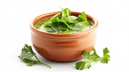 Vibrant green parsley soup in rustic terracotta bowl on white background fresh and natural