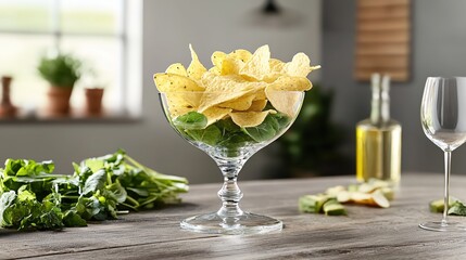 Elegant appetizer presentation of crispy tortilla chips and fresh spinach in a glass bowl