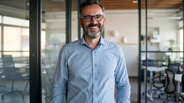 Smiling Middle-Aged Businessman in Modern Office Environment with Glass Walls and Natural Light