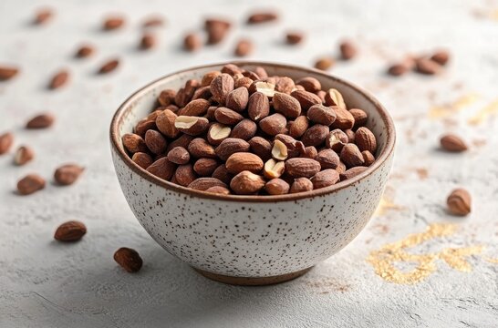 A rustic bowl filled with raw marcona almonds scattered on a rustic surface, perfect for healthy snacking or culinary uses in various dishes