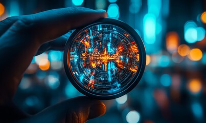 Close-up of a hand holding a futuristic VR headset, with a glimpse of a vibrant virtual world reflected in the lens, Generative AI