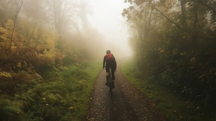 Obraz premium a cyclist rides through a foggy forest path. 