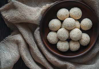 Aesthetic Display of Round White Sesame Balls Arranged Neatly on a Wooden Plate Surrounded by Natural Textured Fabric