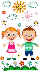 a digital illustration of a young boy and girl