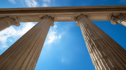 Fototapeta premium Ancient Greek columns, sunny sky, architectural detail, travel destination