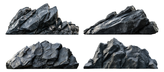 Set of large black rocks with rough surfaces, isolated on transparent cutout background