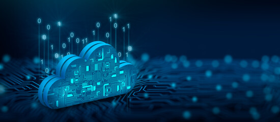Cloud computing technology internet on Converging point of circuit with Abstract blue background. Cloud Computing, Cloud Technology, Cloud Service, Cloud Storage Concept. 3D illustration.