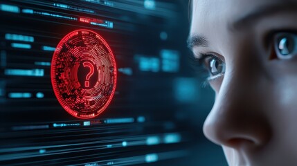 Woman analyzing red bitcoin, exploring cryptocurrency, investment and digital finance