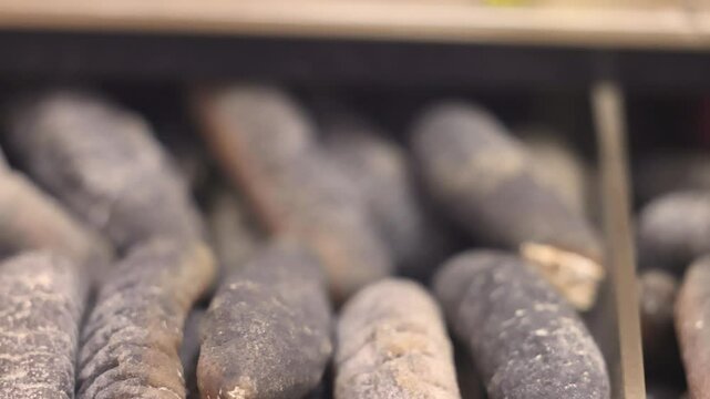 Dried sea cucumber at the traditional Chinese food market.