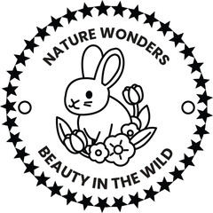 A cute rabbit is surrounded by flowers and stars in the style of sign illustrations