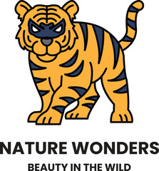 A tiger with a mask on its face is standing in the wild in the style of sign illustrations