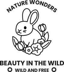 A rabbit is surrounded by flowers in the style of sign illustrations