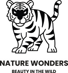 A tiger with a mask on its face is standing in the wild in the style of sign illustrations