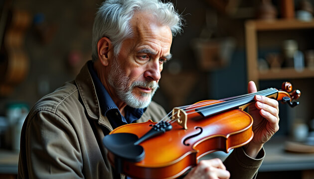 Senior Violin Maker Concentrated on His Craft
