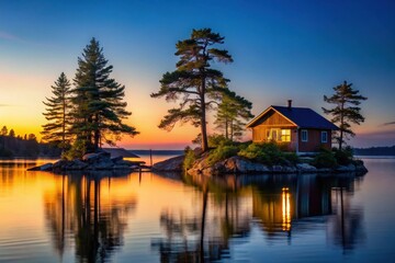 Fototapeta premium Serene Sunset Over Calm Waters, Illuminating a Secluded Lakeside Cabin on a Small Island, Nestled Amongst Majestic Evergreen Trees