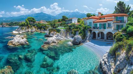 Experience a panoramic view of the dramatic cliffs and sparkling bays of the Côte d'Azur, where luxurious villas and turquoise waters paint an epic and highly detailed seaside portrait of France’s sou