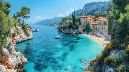 Experience a panoramic view of the dramatic cliffs and sparkling bays of the Côte d'Azur, where luxurious villas and turquoise waters paint an epic and highly detailed seaside portrait of France’s sou