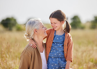 Grandmother, girl and happy together in field for travel adventure, bonding and weekend break....