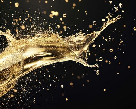 Golden liquid with bubbles and splashes on black background
