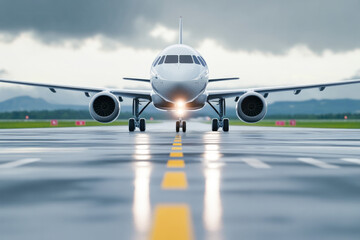 Airplane on runway preparing for takeoff, front view under cloudy sky, symbolizing travel, aviation, and new journeys. 