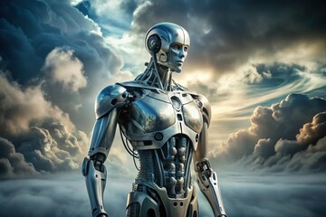 Fototapeta premium A metallic humanoid robot stands amidst a dramatic cloudscape, contemplating the horizon, its advanced mechanics gleaming under a celestial light.